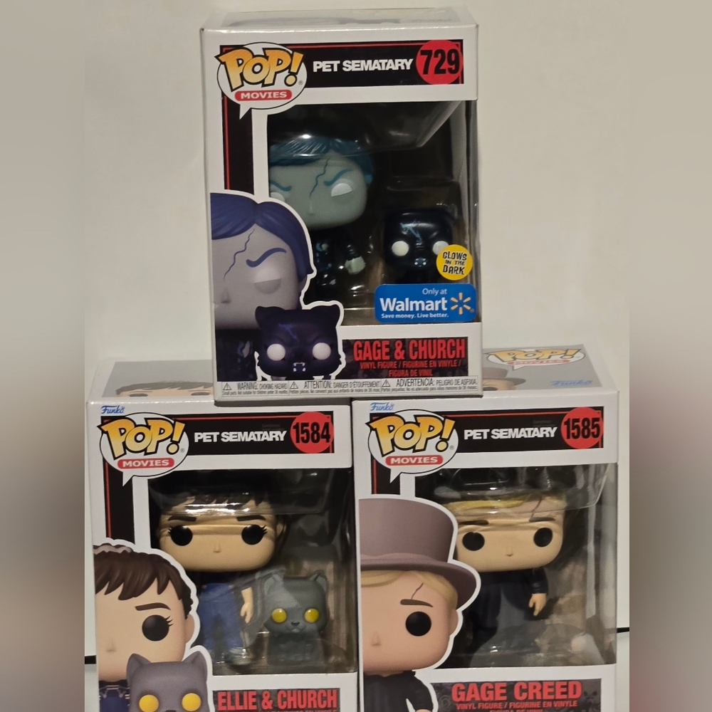 Funko Pops Pet Semetary Gage Creed, Gage & Church GITD, And Ellie Creed